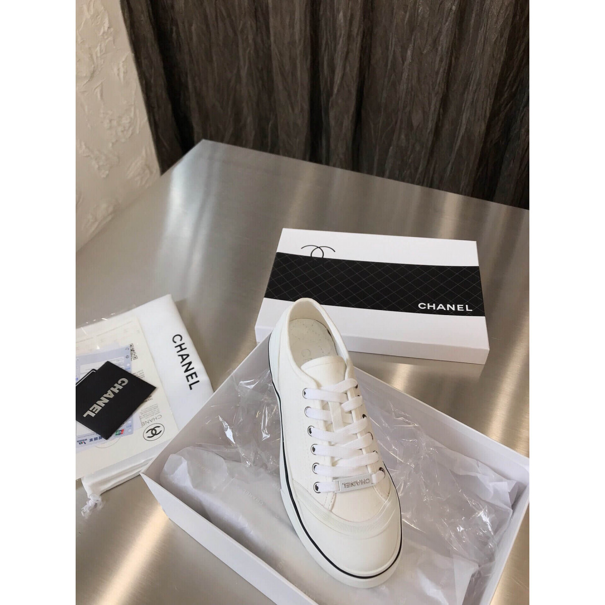 Chanel Canvas Lace Up Cap Toe Sneakers 382306