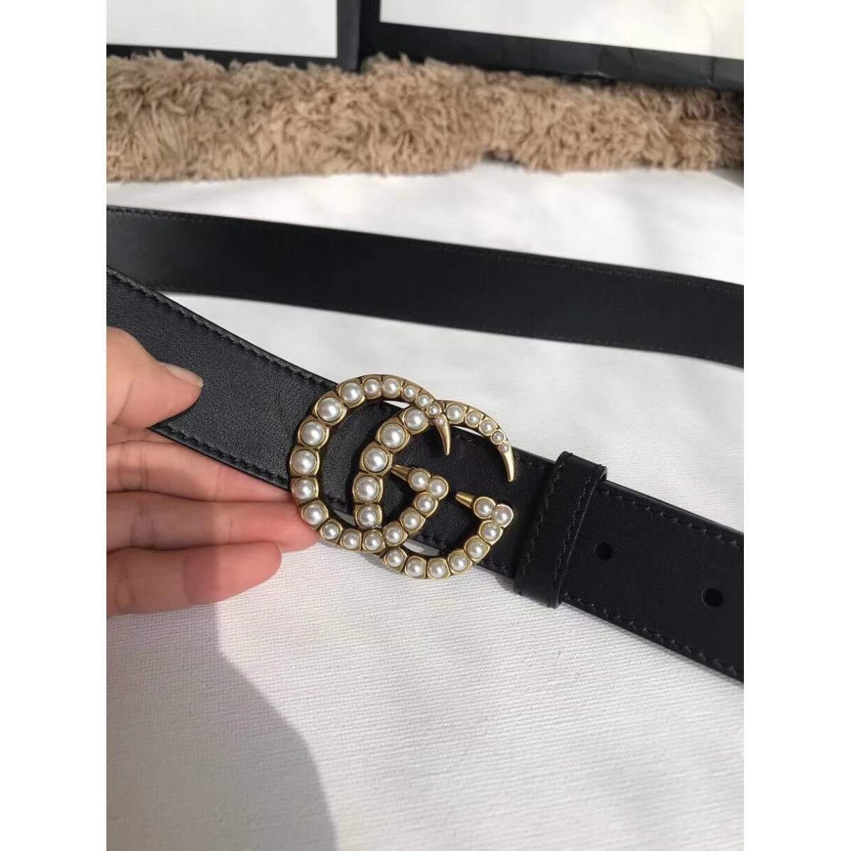 Gucci 30mm Leather Belt With Pearl Double G 453260