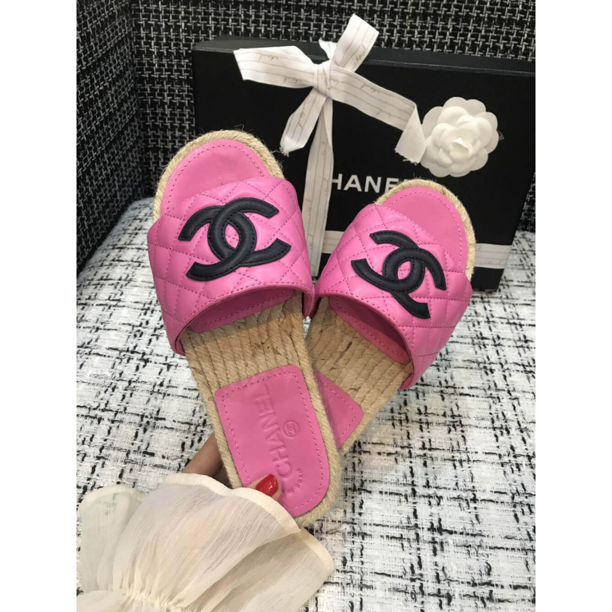 Chanel CC Quilted Mules G35604 Rosy/Black