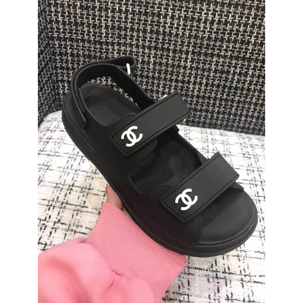 Chanel Velcro Sandals G31848 Black/Silver