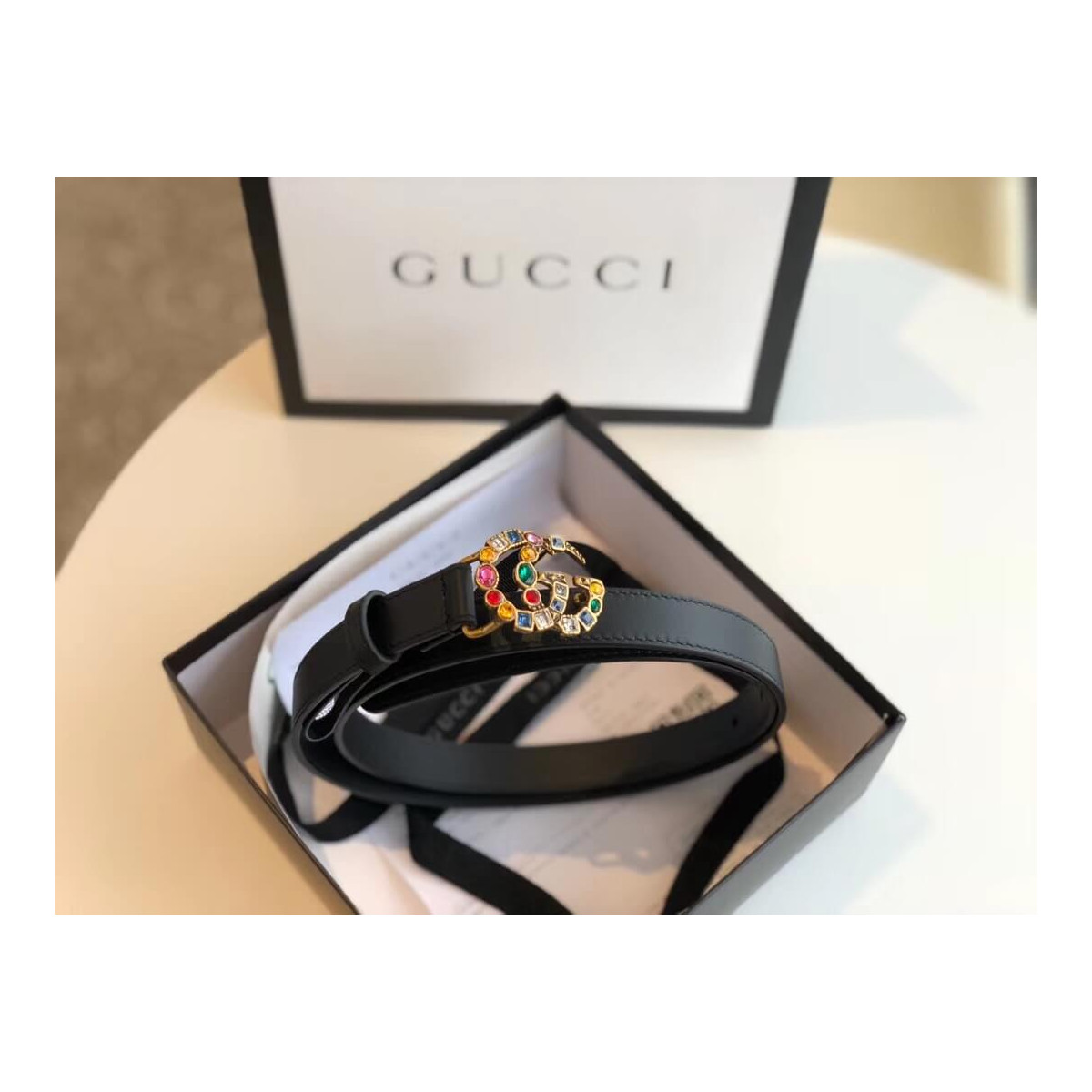 Gucci 20mm Leather Belt With Crystal Double G Buckle 513183