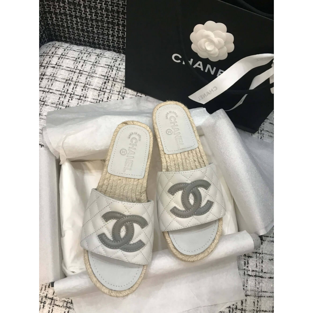 Chanel CC Quilted Mules G35604 White/Grey