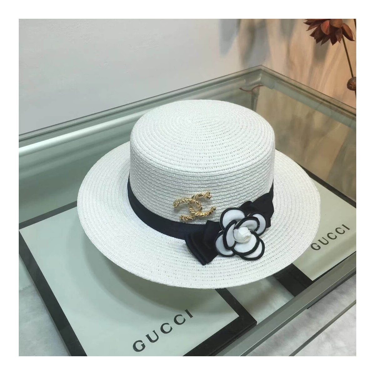 Chanel Flower Embellished Straw Hat AA6730