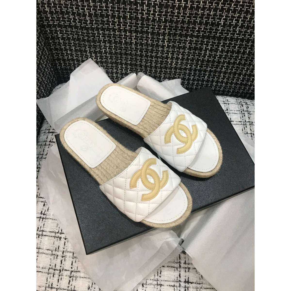 Chanel CC Quilted Mules G35604 White/Apricot