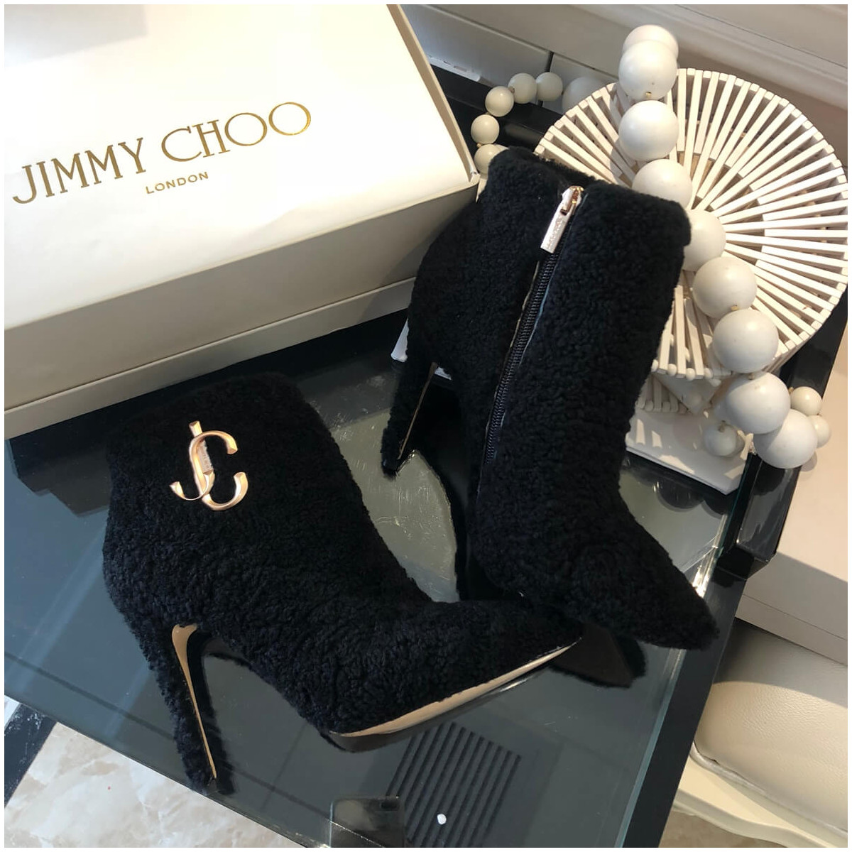 Jimmy Choo Shearling Ankle Bootie with Gold JC Logo 80259