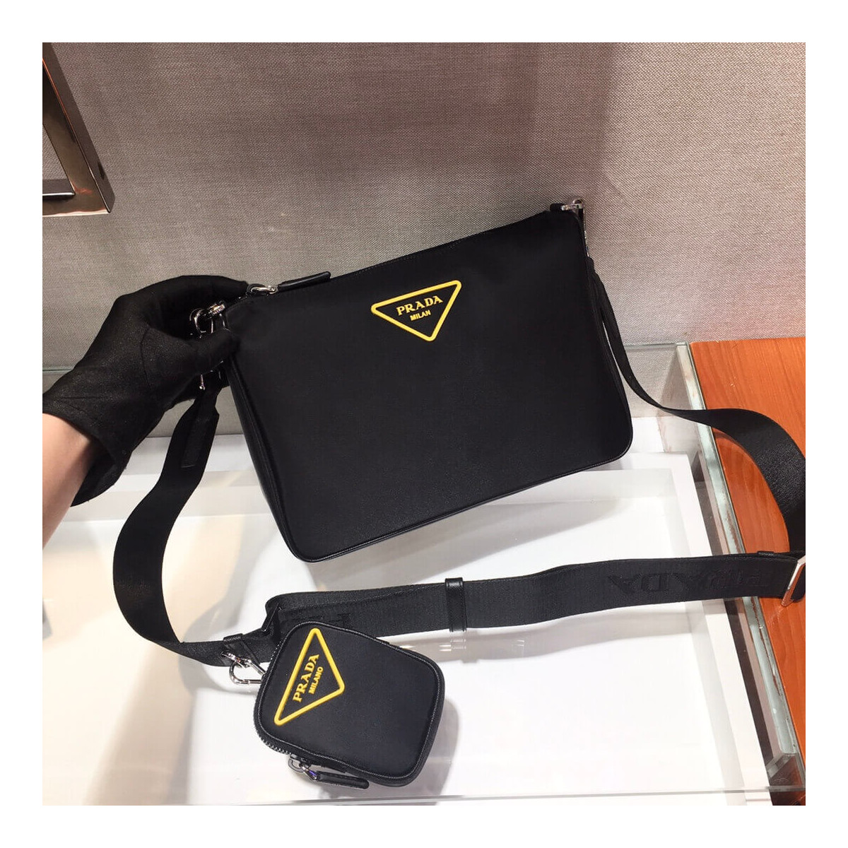 Prada Nylon Cross-Body Bag 2VH113 Yellow Logo