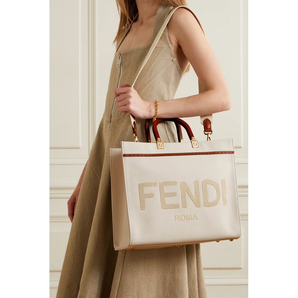 Fendi Medium Sunshine Tote Bag in Cream Canvas 8BH386