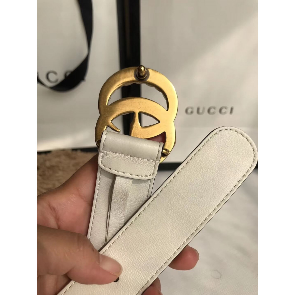 Gucci 30mm Leather Belt With Pearl Double G 453260