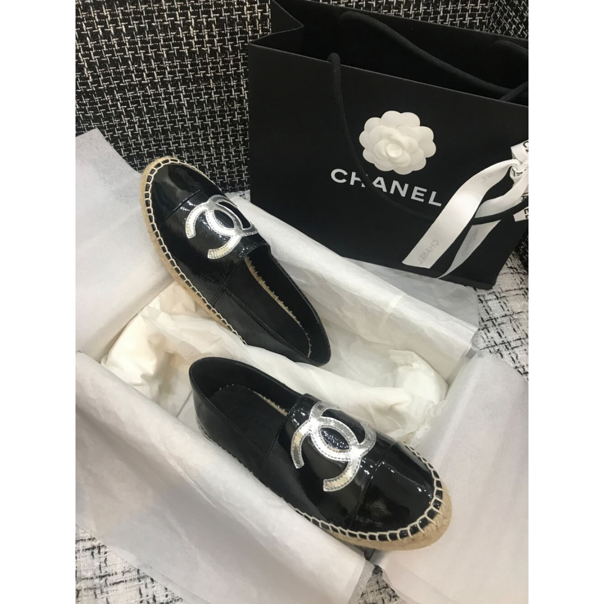 Chanel Patent Calfskin &amp; Metallic Goatskin Espadrilles G29762