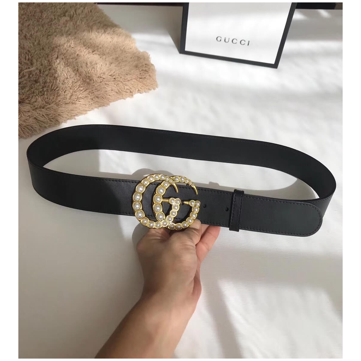 Gucci 40mm Leather Belt With Pearl Double G 453260