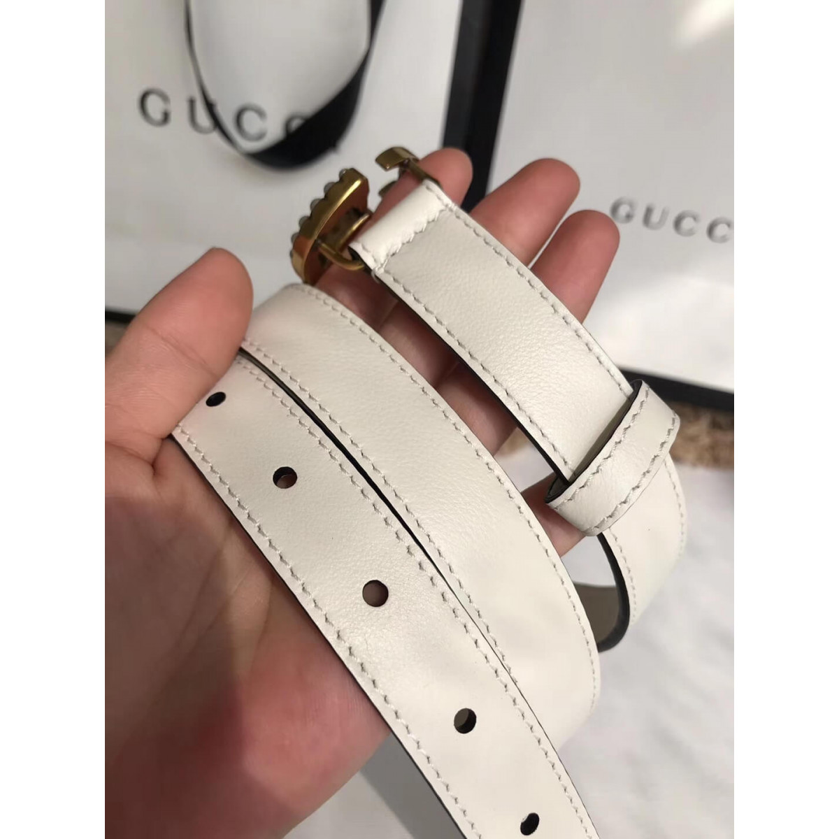 Gucci 20mm Leather Belt With Pearl Double G 453260