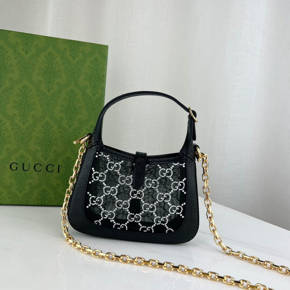 Gucci Jackie 1961 Mini Crystal GG Lizard Bag 677027 Black