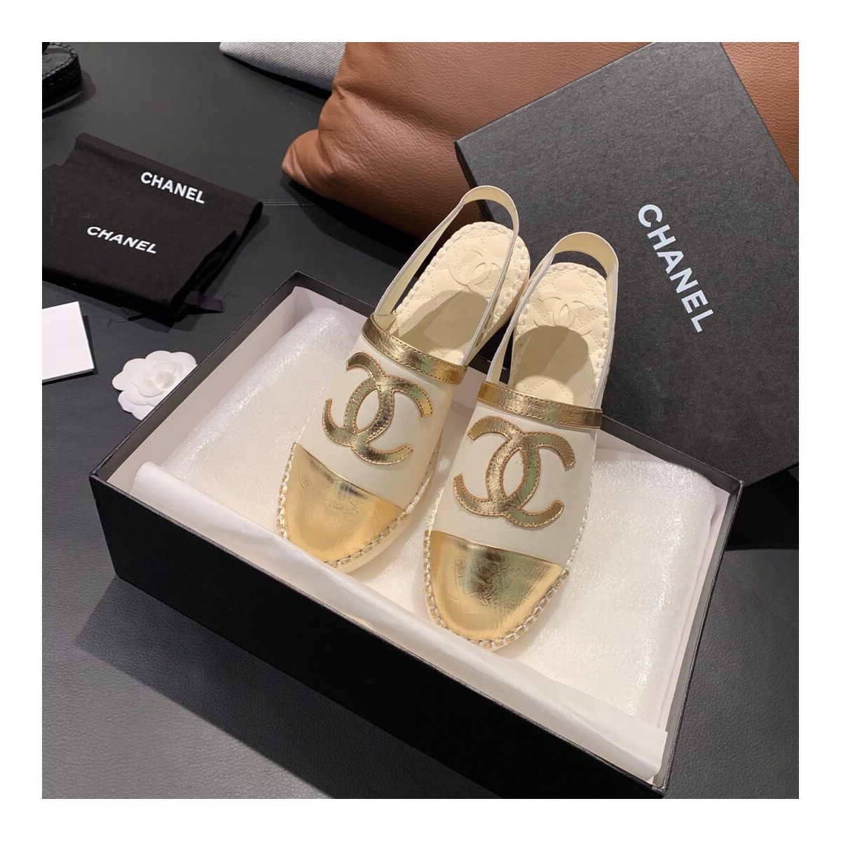 Chanel Slingback Espadrilles G34817 White/Gold