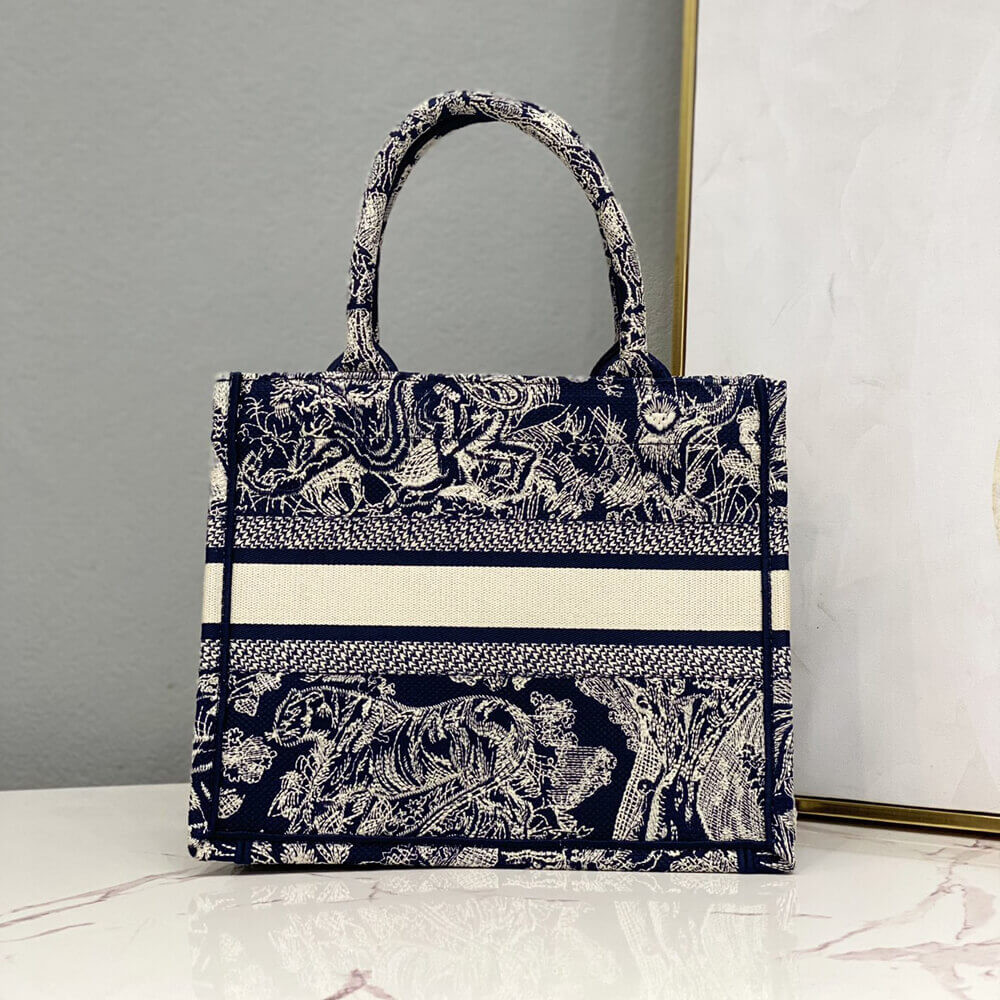 Christian Dior Small Book Tote Bag 26cm Toile De Jouy Embroidery Blue