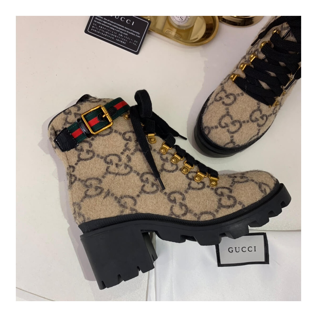 Gucci Trip GG Wool Combat Boots 583349 Beige