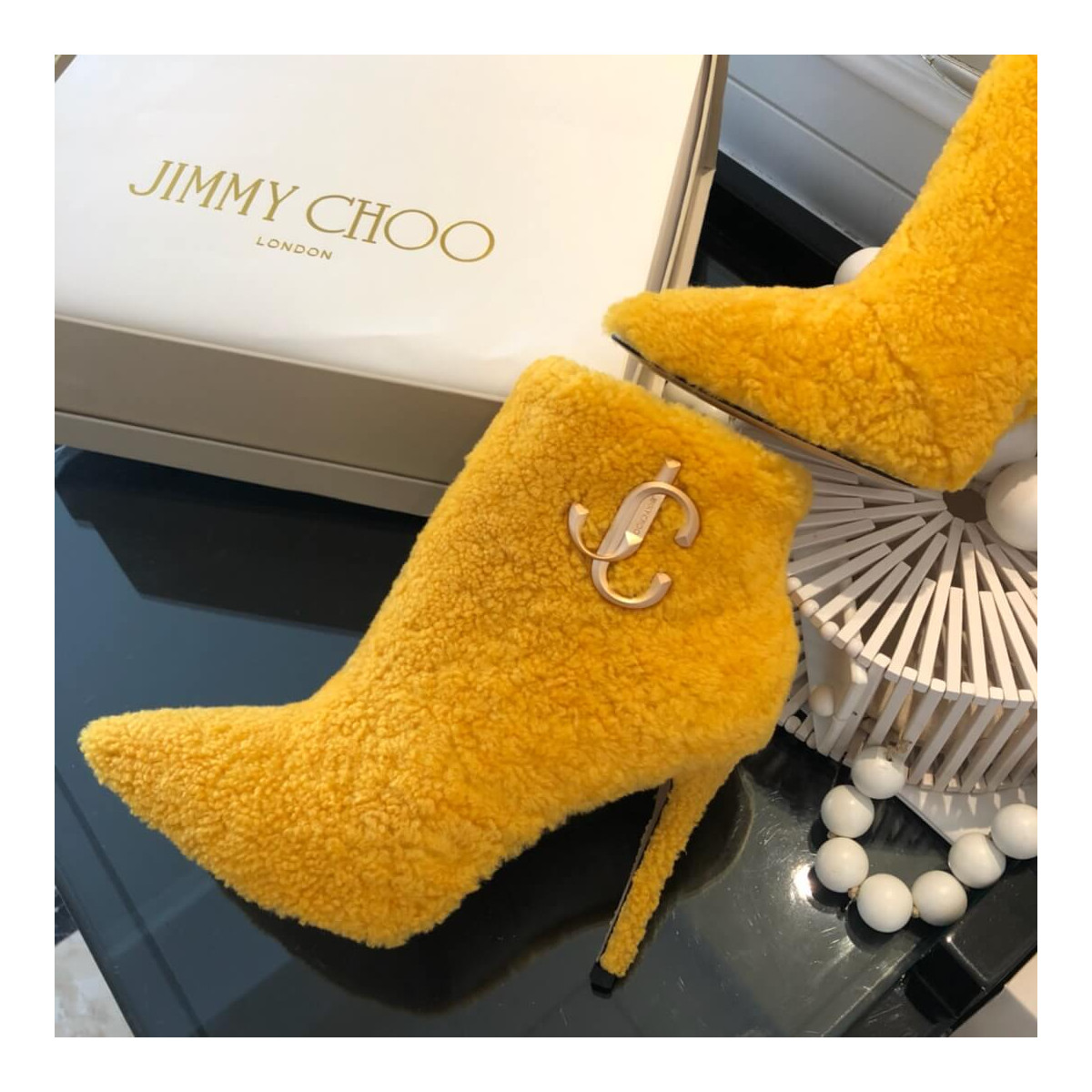 Jimmy Choo Shearling Ankle Bootie with Gold JC Logo 80259