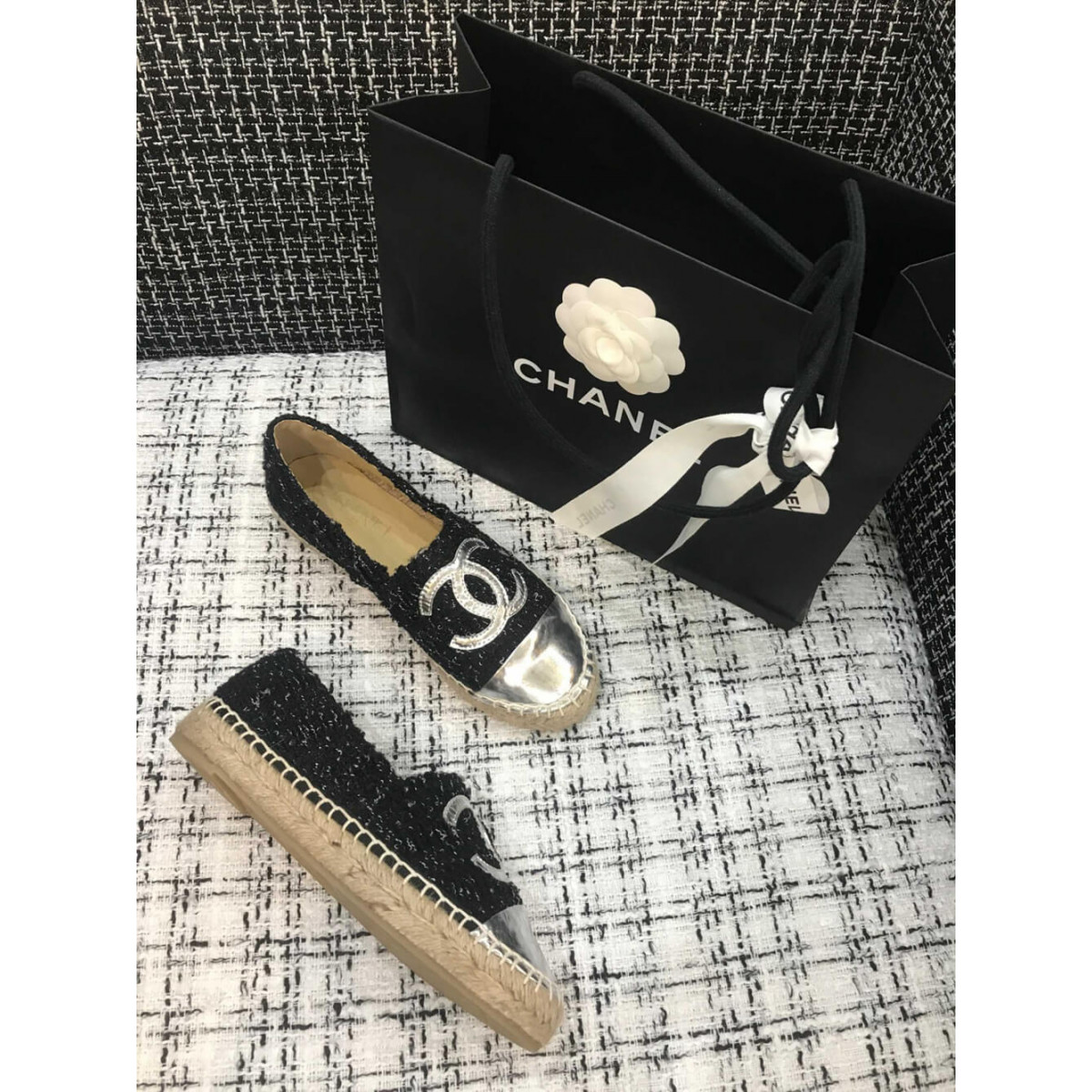 Chanel Tweed &amp; Patent Calfskin Espadrilles G29762 Black/Silver