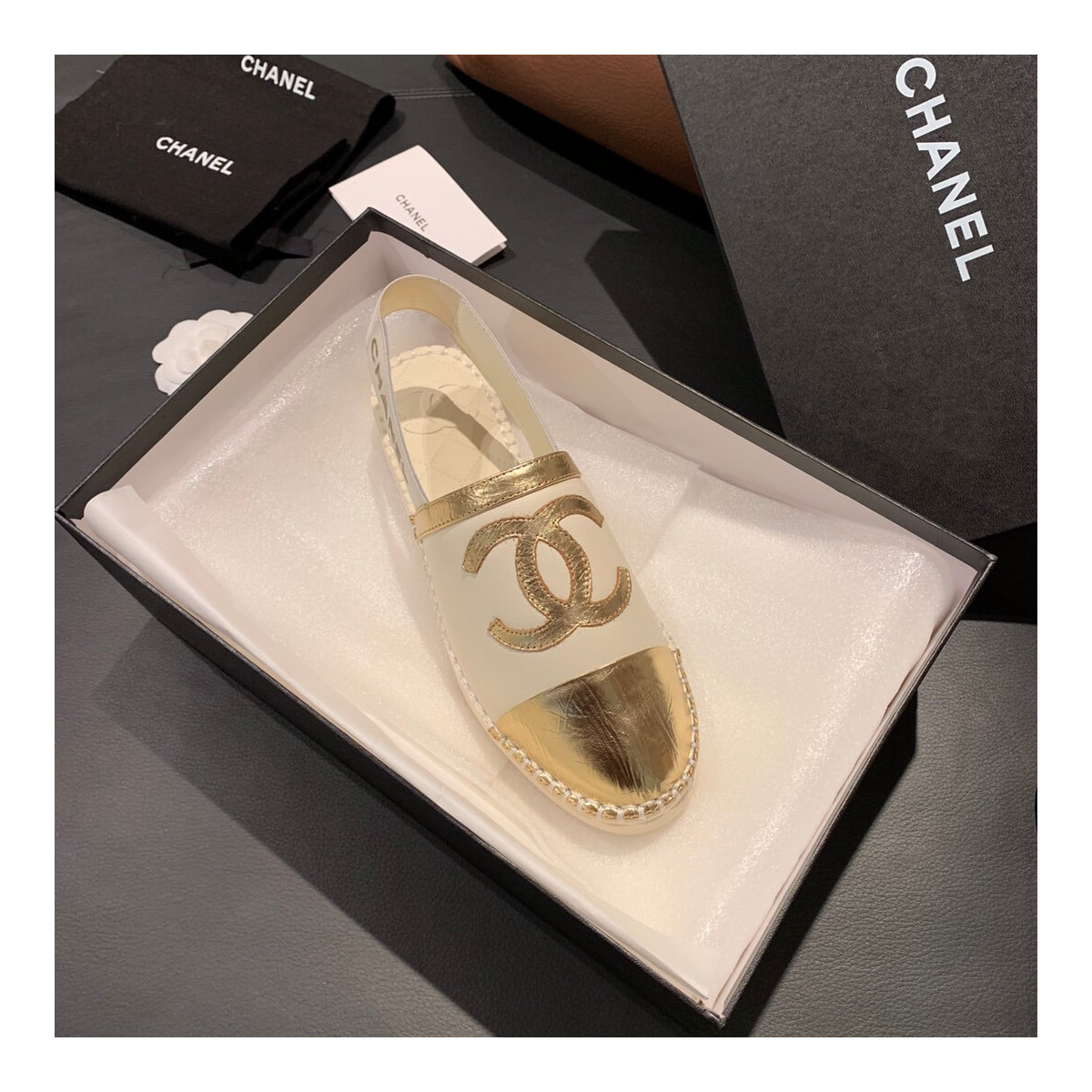 Chanel Slingback Espadrilles G34817 White/Gold