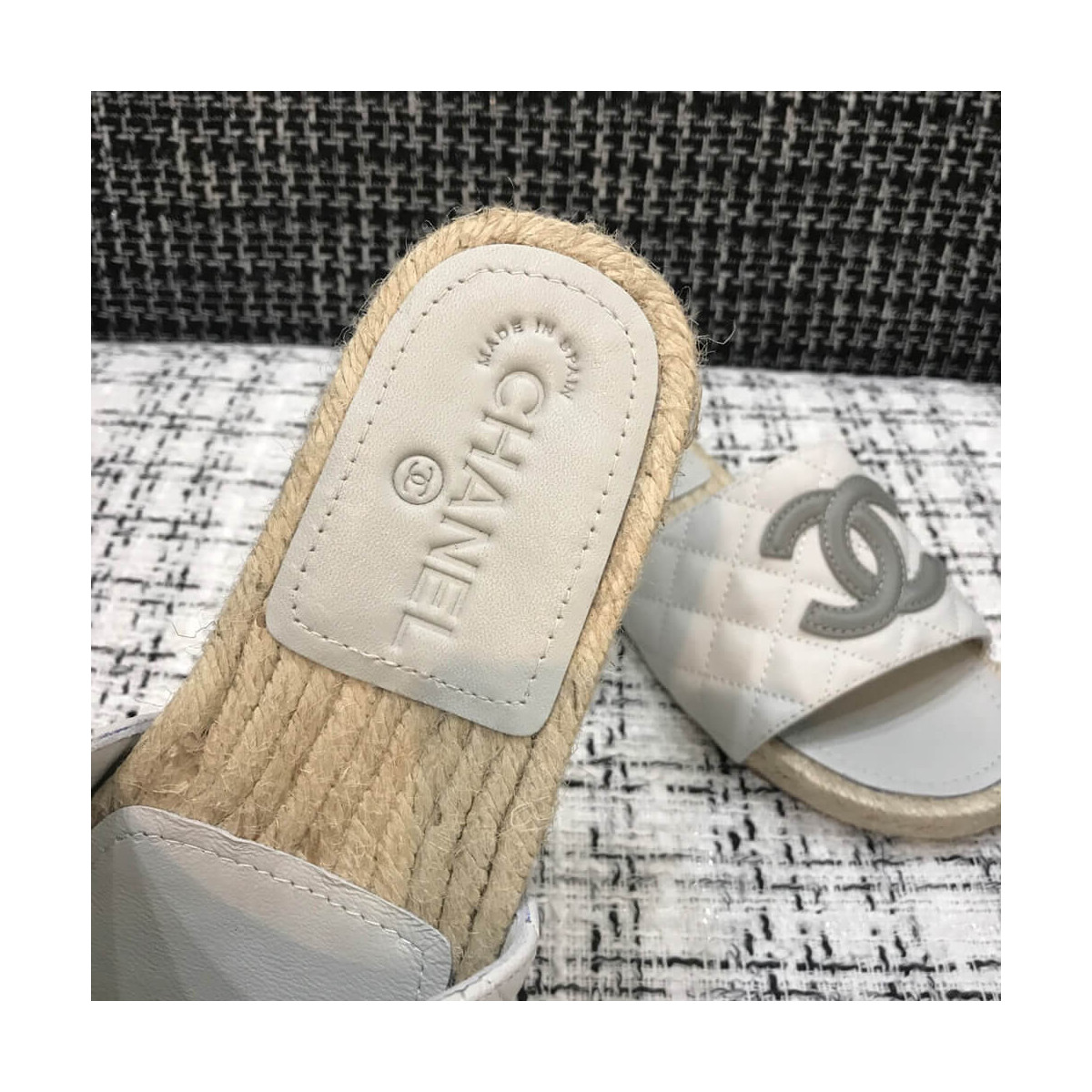 Chanel CC Quilted Mules G35604 White/Grey