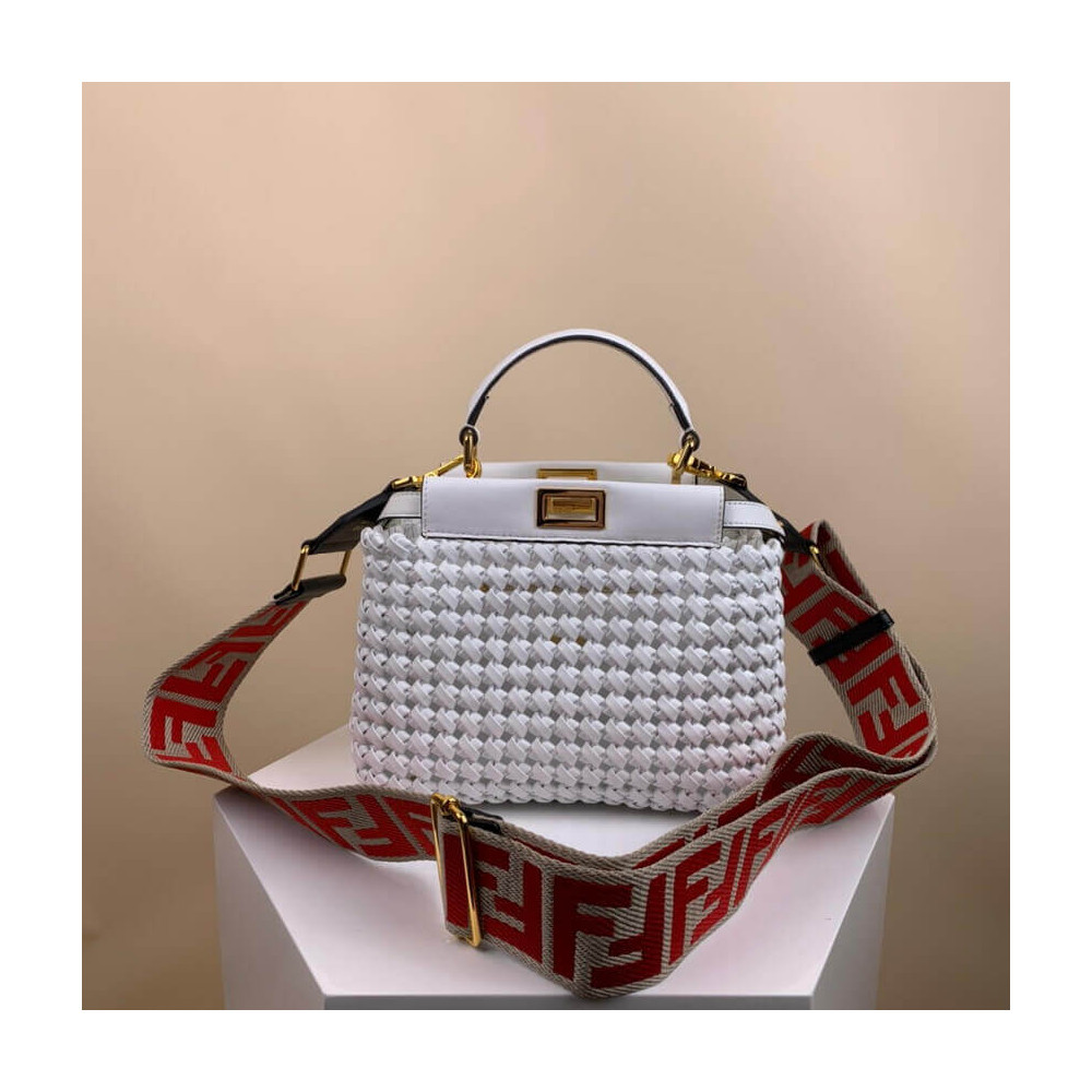 Fendi Peekaboo Iconic Mini Leather Interlace Bag 2031 White