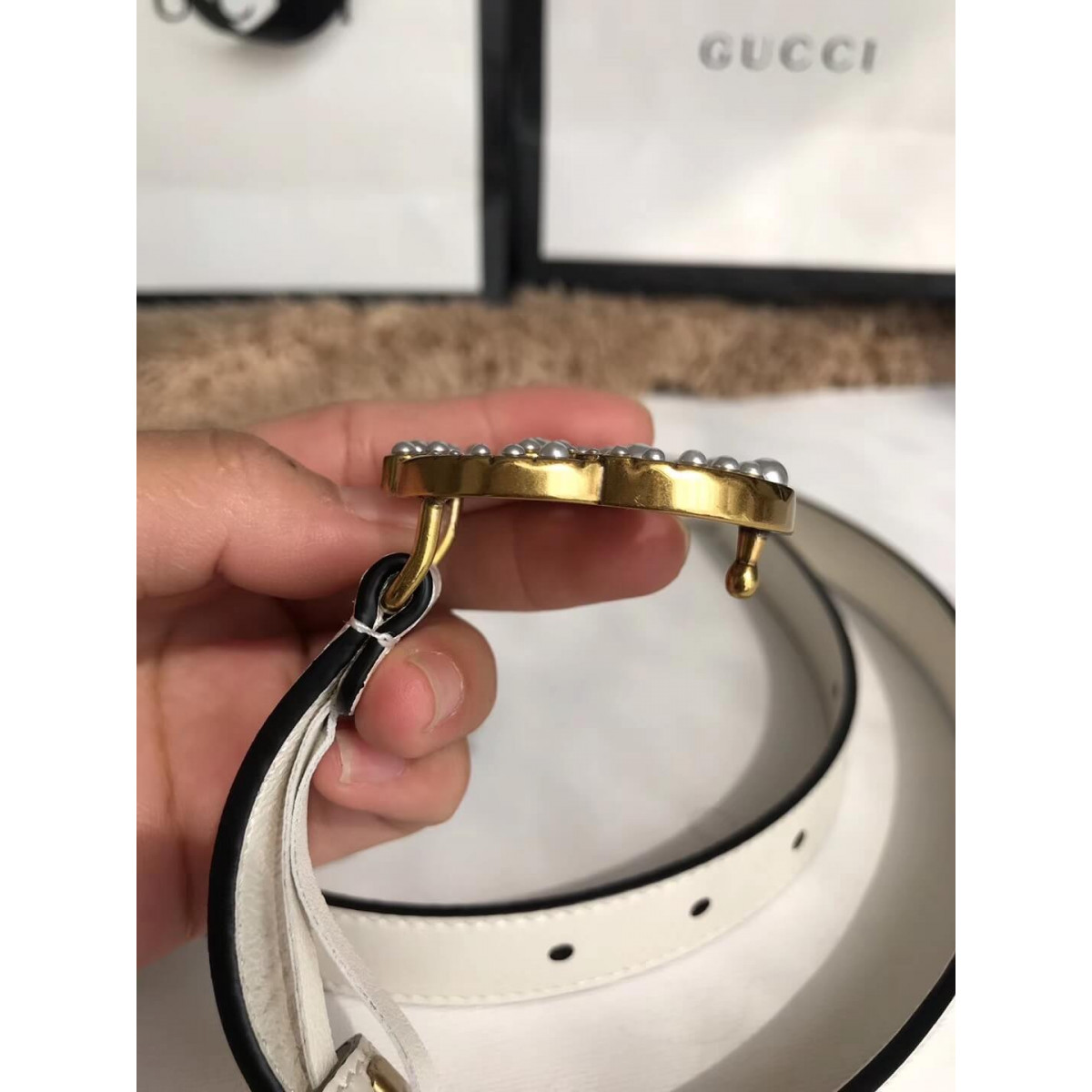 Gucci 20mm Leather Belt With Pearl Double G 453260