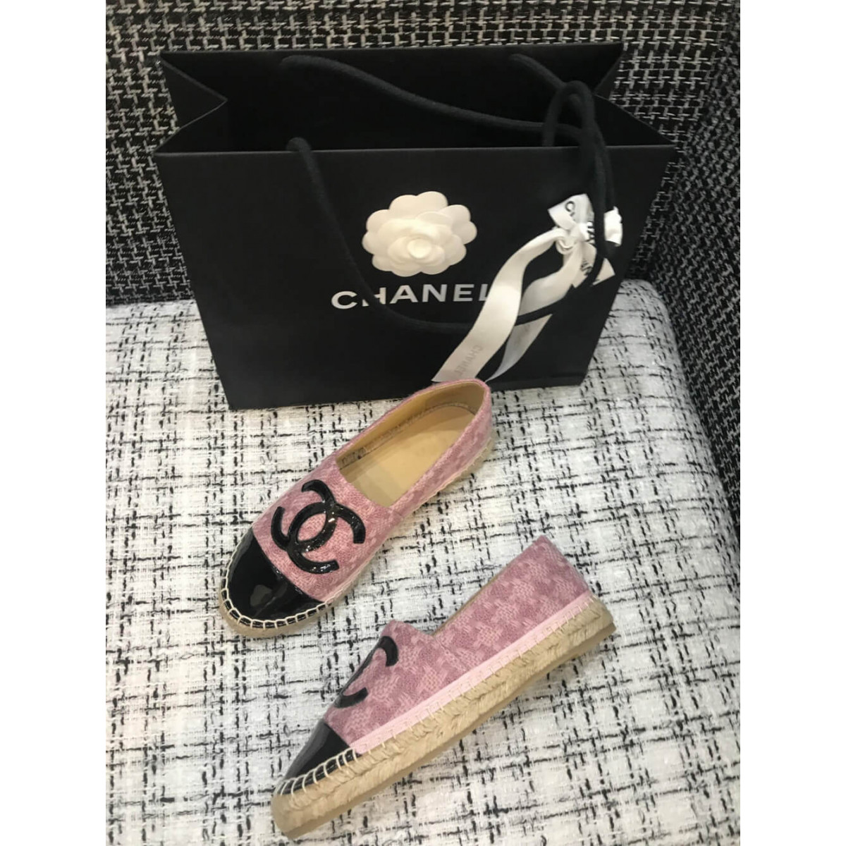 Chanel Tweed &amp; Patent Calfskin Espadrilles G29762 Pink/Black