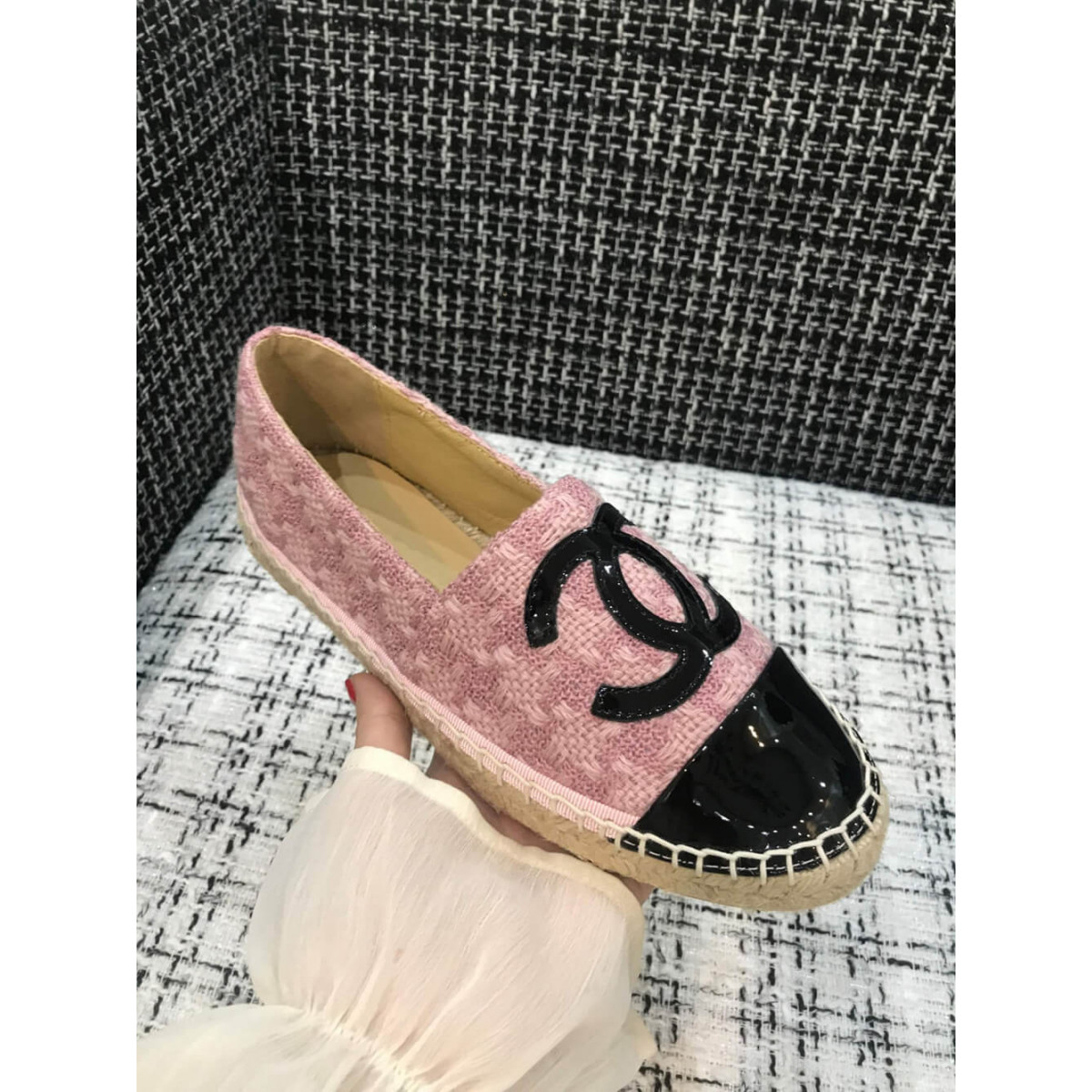 Chanel Tweed &amp; Patent Calfskin Espadrilles G29762 Pink/Black