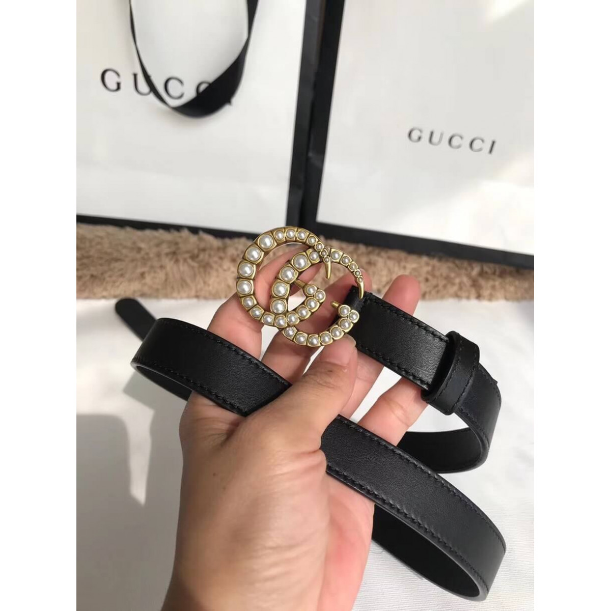 Gucci 20mm Leather Belt With Pearl Double G 453260