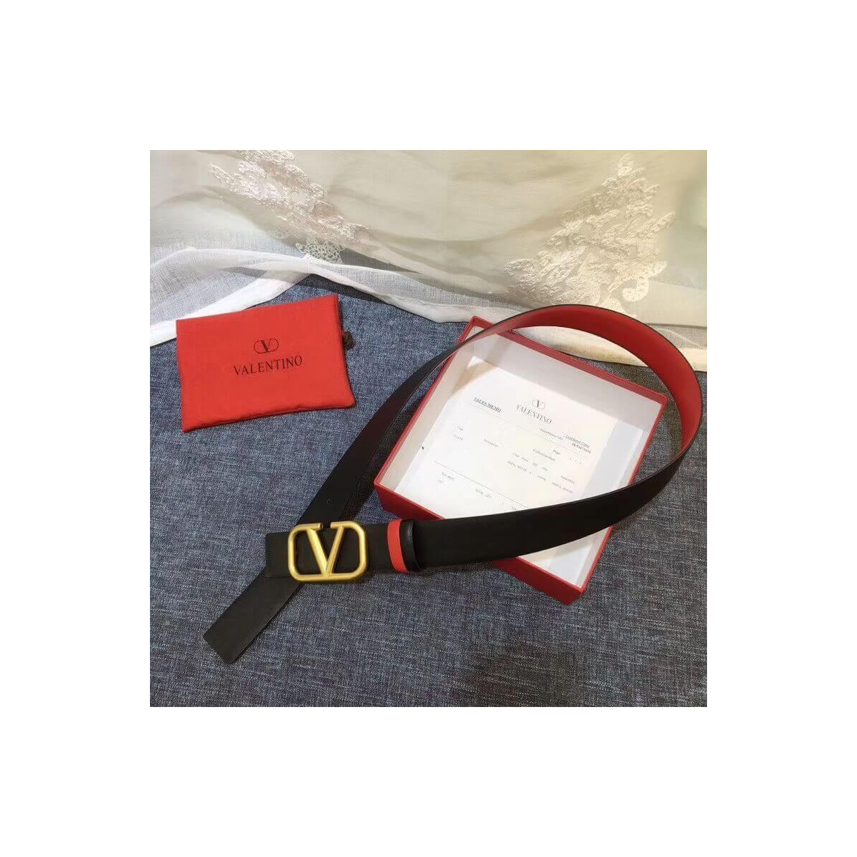 Valentino Reversible Vlogo Belt In Black / Red Glossy Calfskin 40 mm