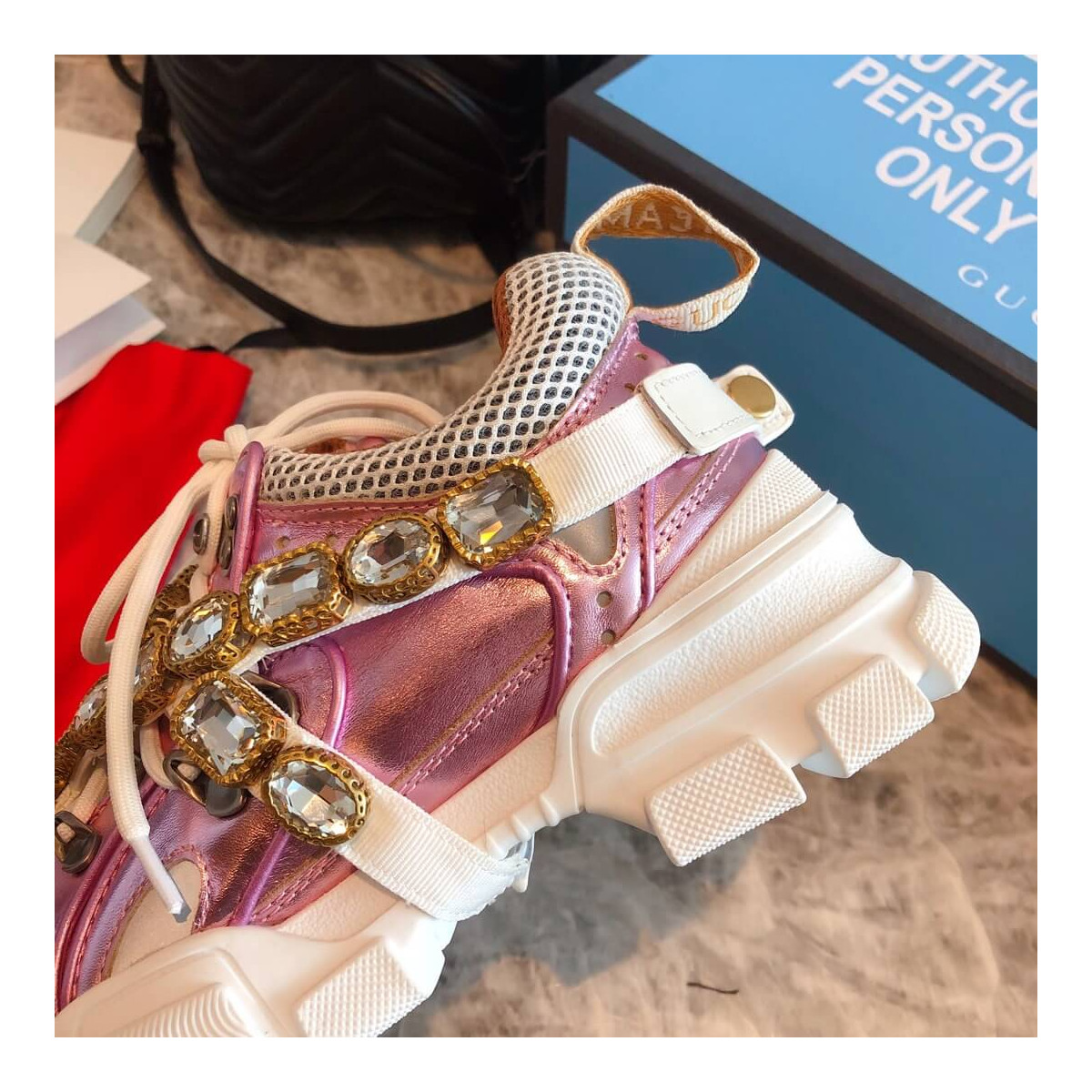 Gucci Flashtrek Sneaker With Removable Crystals 537133 Pink Metallic