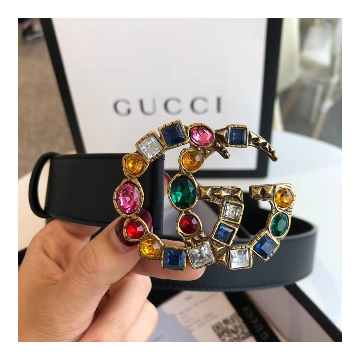 Gucci 30mm Leather Belt With Crystal Double G Buckle 513183