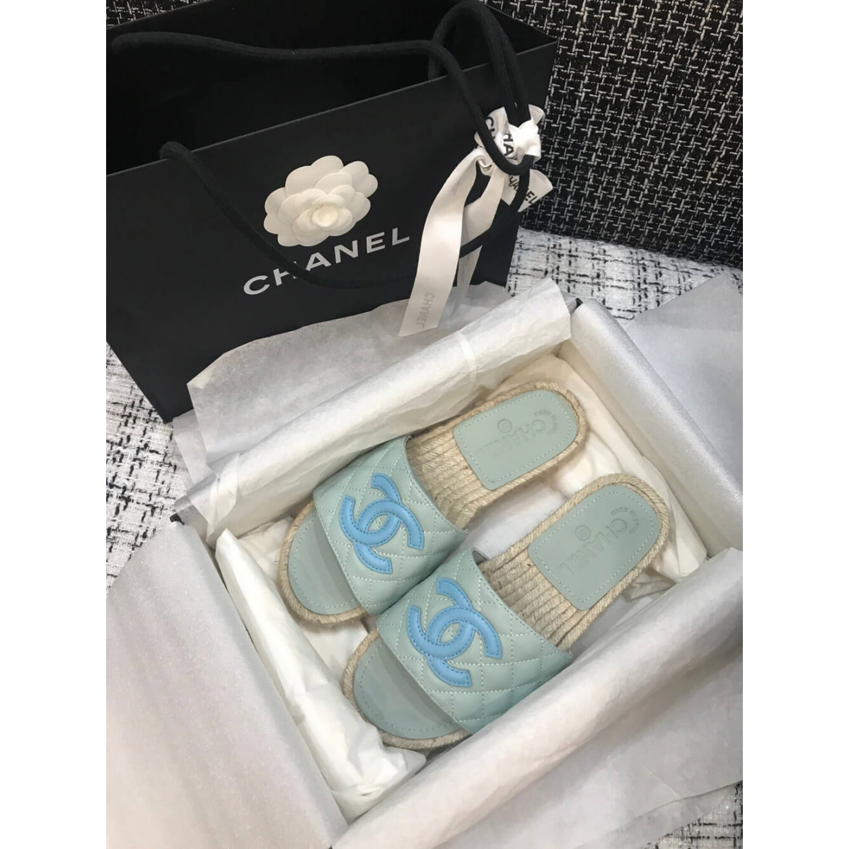 Chanel CC Quilted Mules G35604 Light Blue/Blue