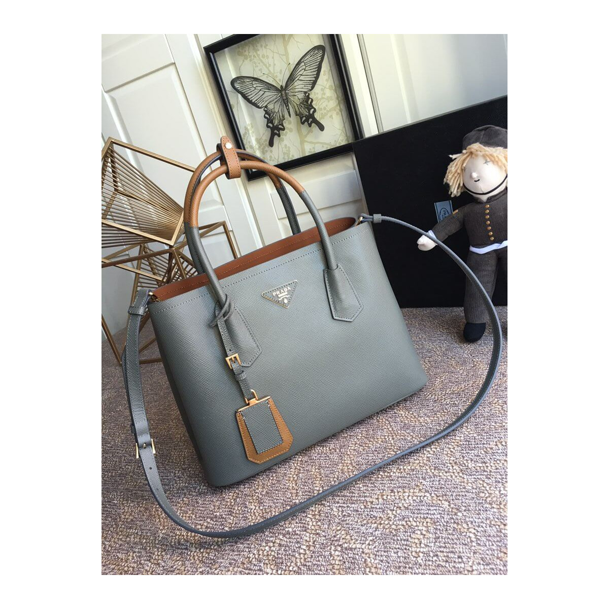 Prada Two-Tone Saffiano Leather Double Bag 1BG775 Grey/Brown