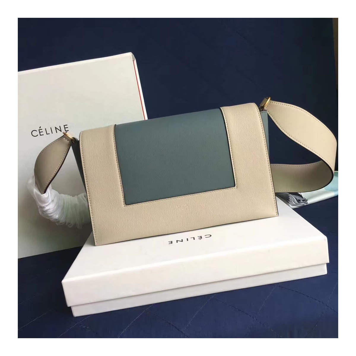 Celine Frame Medium Shoulder Bag 180263 White/Light Blue