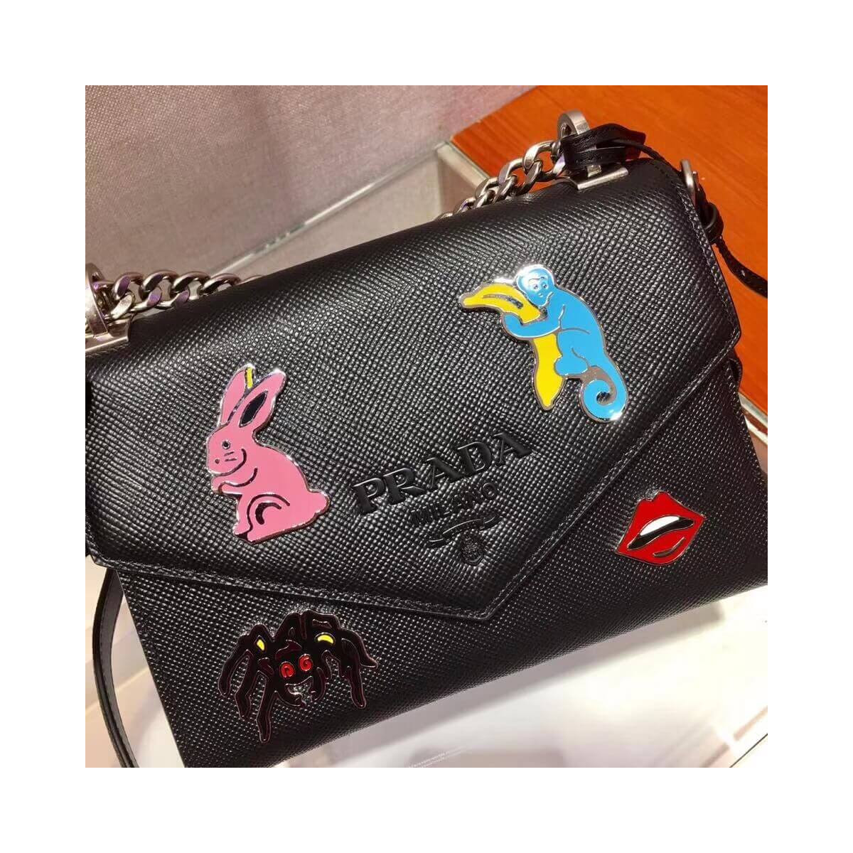 Prada Decal Rabbit Monochrome Logo Shoulder Bag 1BD127