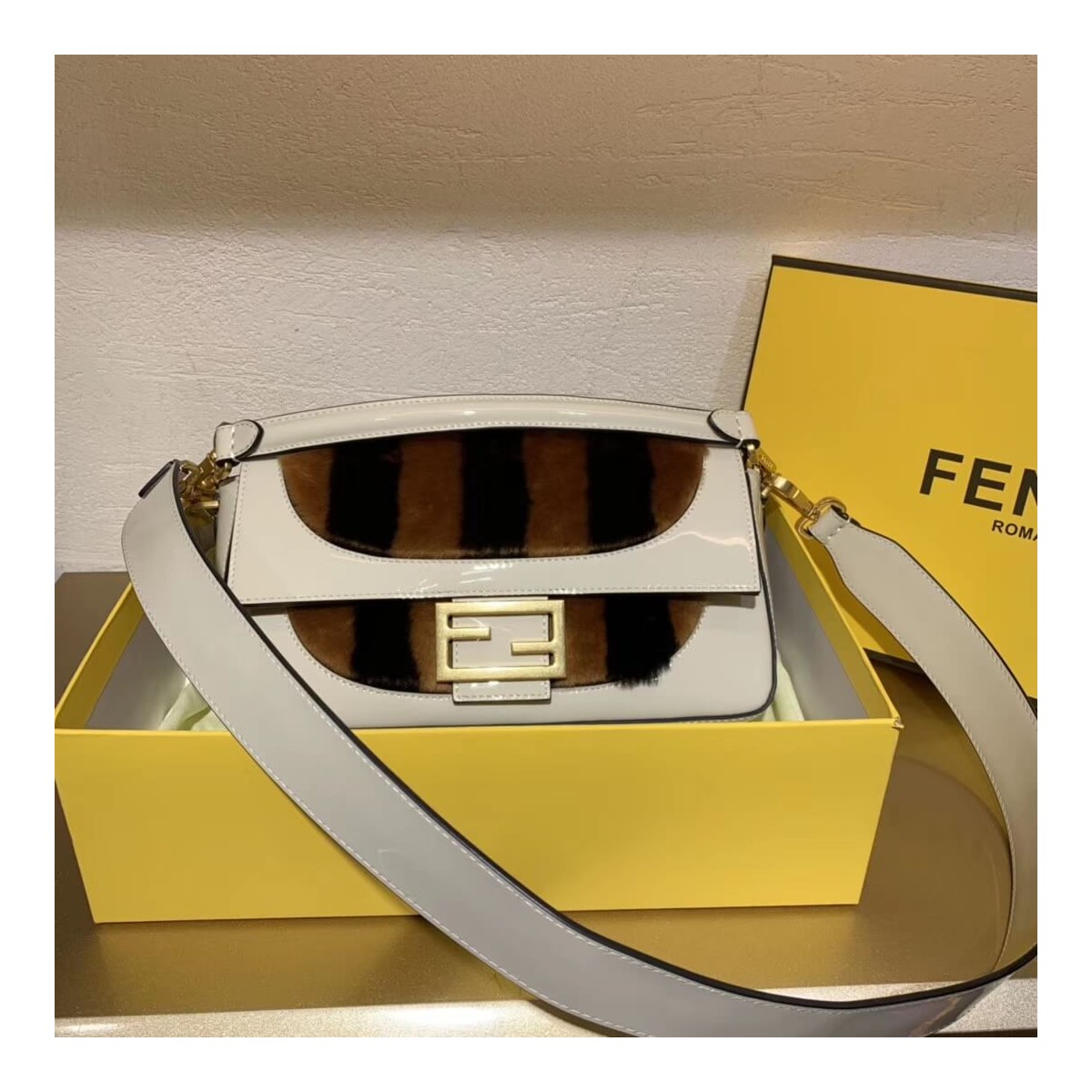 Fendi Patent Leather And Sheepskin Baguette Bag 8BR600