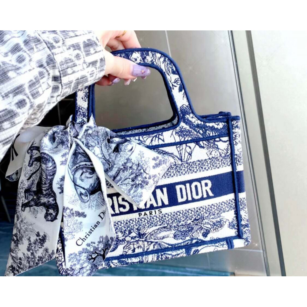 Dior Mini Book Tote Blue Toile de Jouy Reverse Embroidery M1271