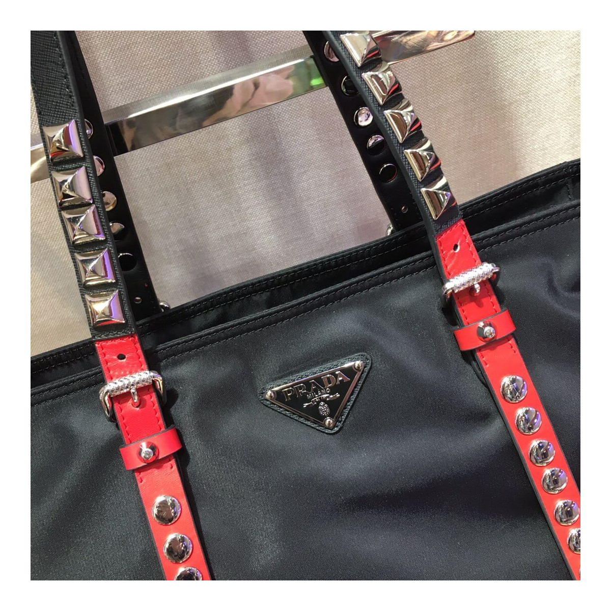 Prada Black Nylon Tote With Leather And Studs 1BG212