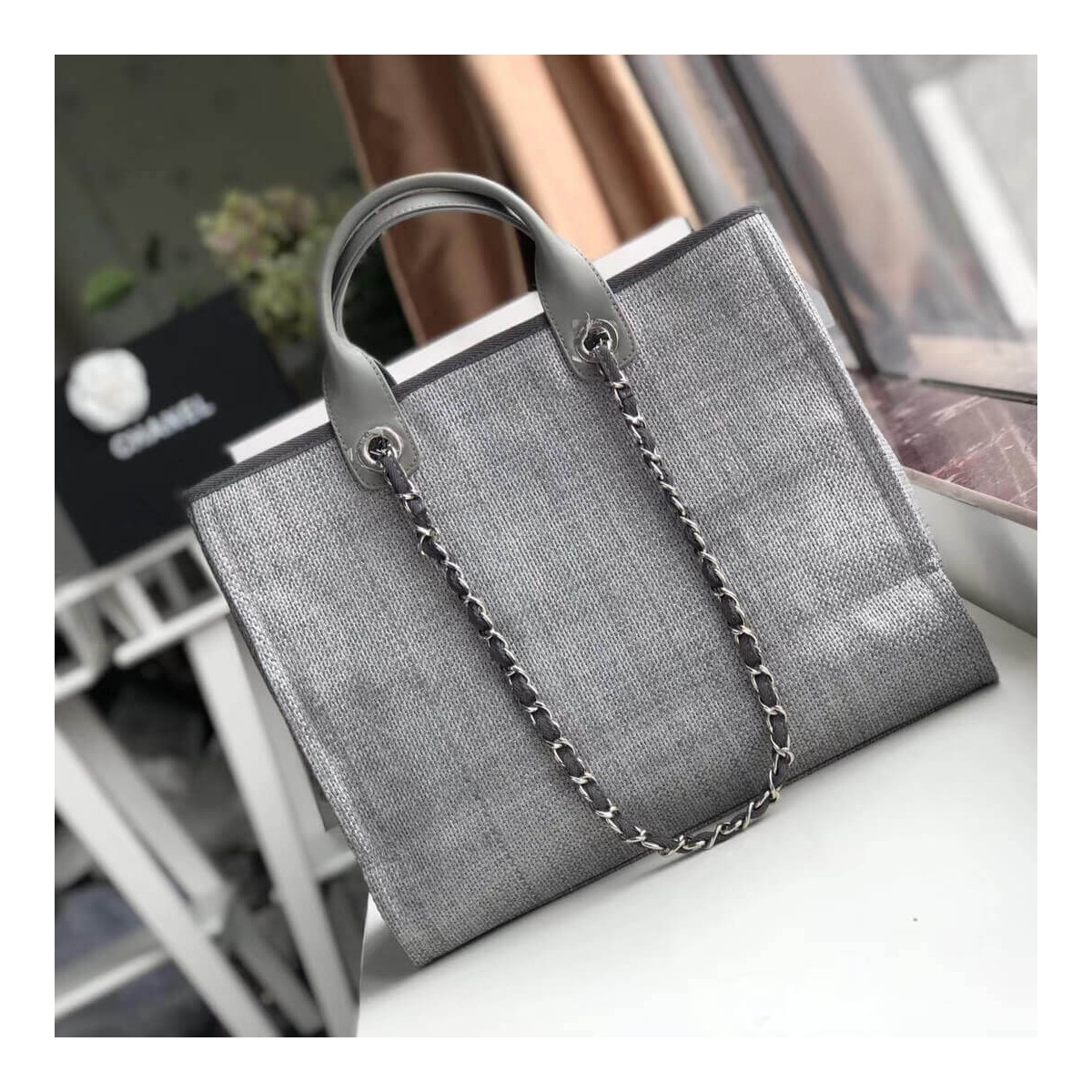 Chanel Deauville Tote 38cm Canvas Bag A66941 Ash Grey