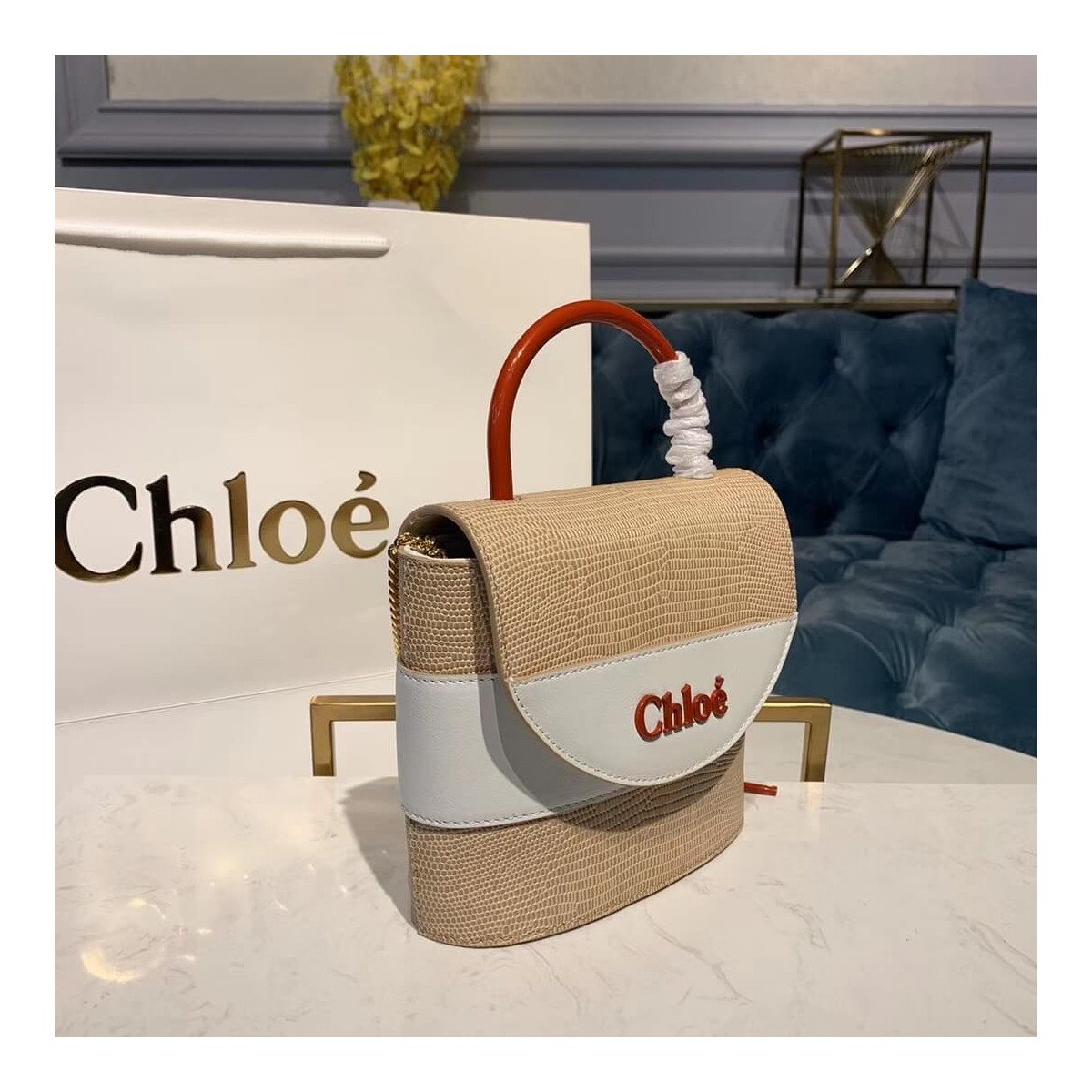 Chloe Small Aby Lock Chain Bag Embossed Lizard Effect S1220 Apricot/White