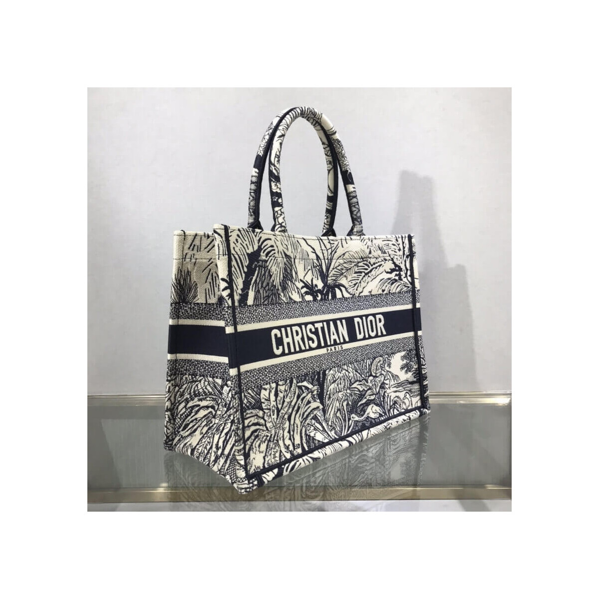 Dior Small Book Tote Blue Toile de Jouy Palms Embroidery M1296