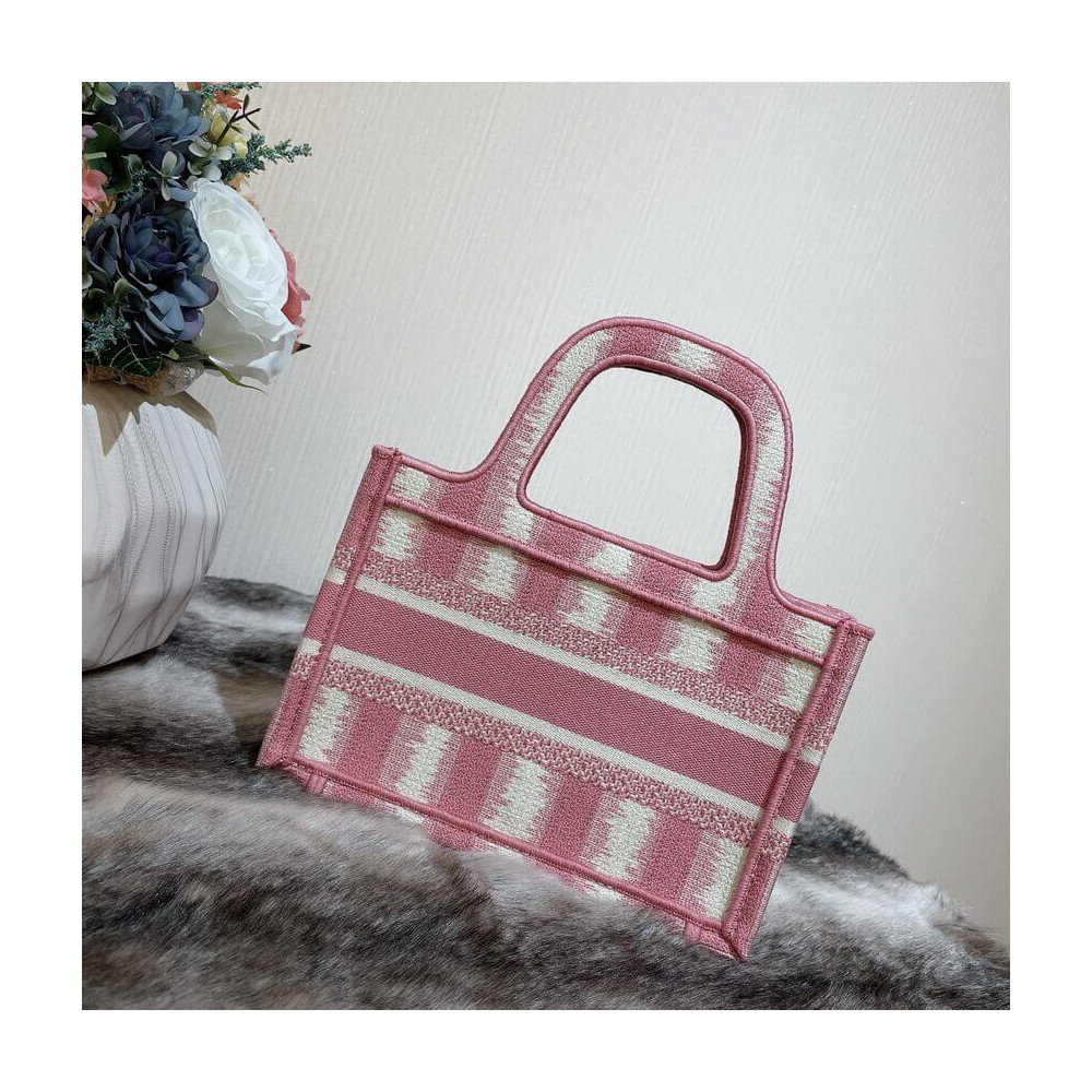 Christian Dior Mini Book Tote Pink D-Stripes Embroidery S5475