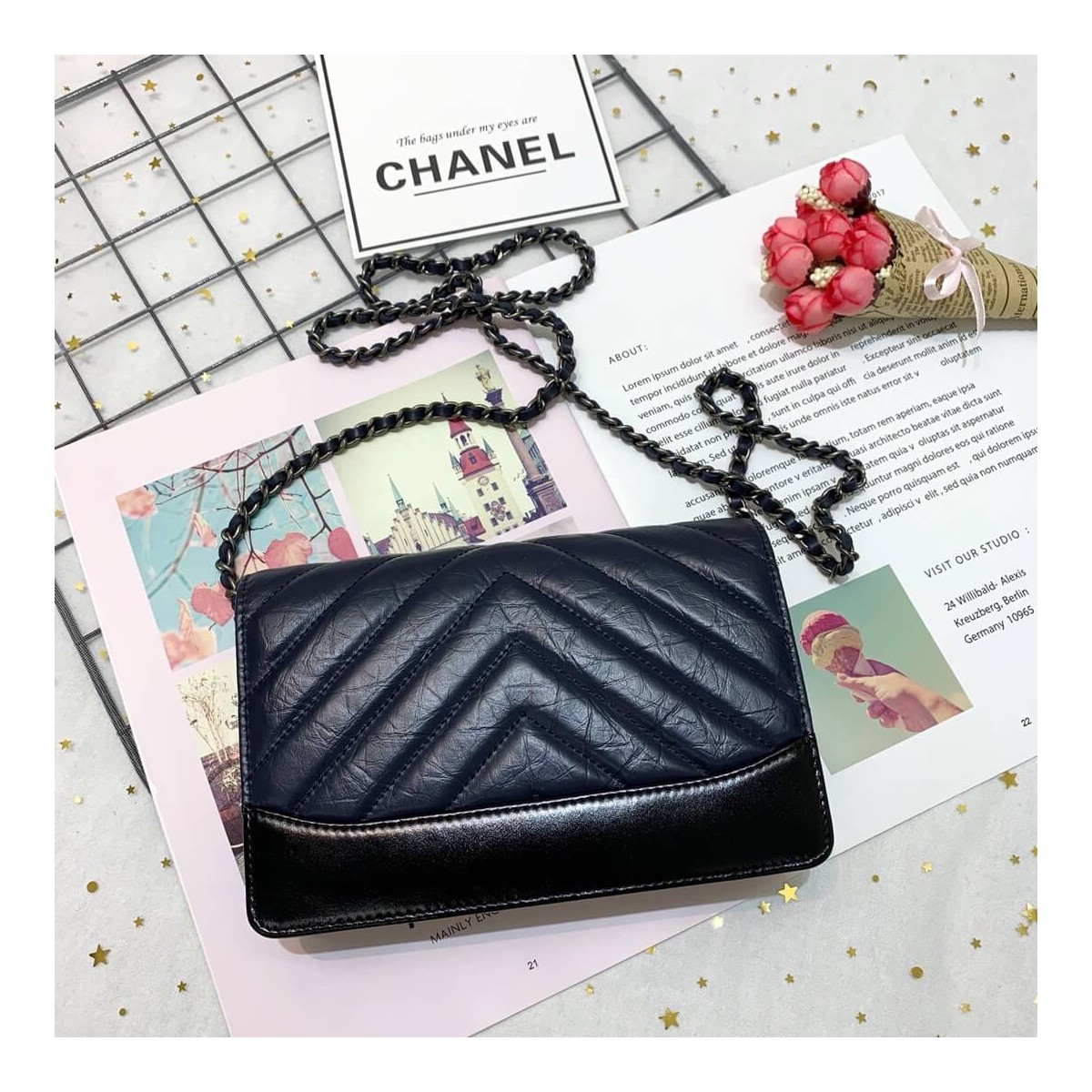 Chanel Chevron Crinkled Calfskin Gabrielle Wallet on Chain WOC Bag A86025