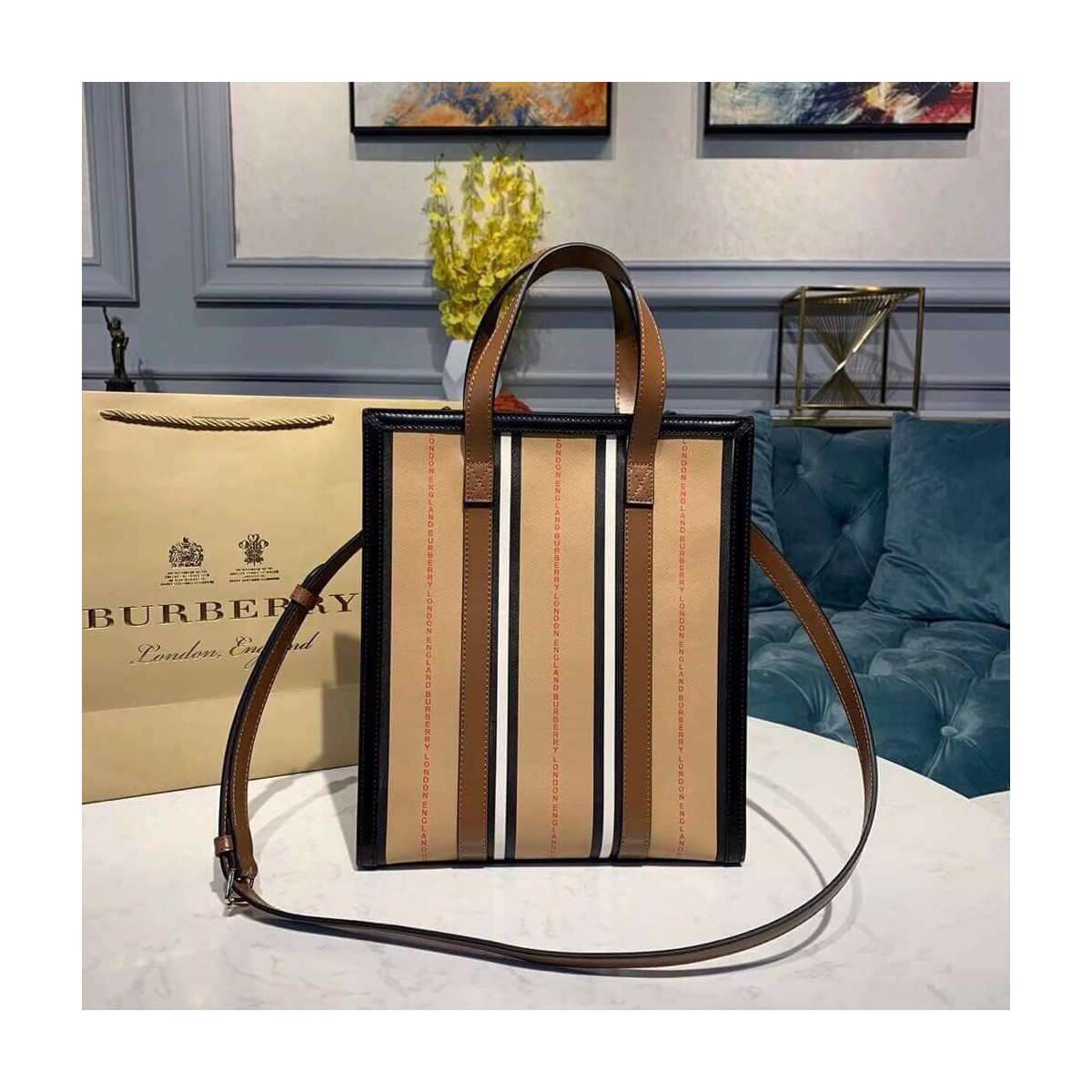 Burberry Logo and Stripe E-canvas Portrait Tote Bag 80224761