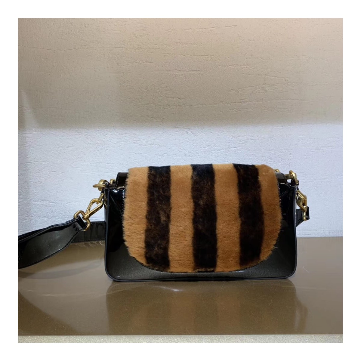 Fendi Patent Leather And Sheepskin Baguette Bag 8BR600