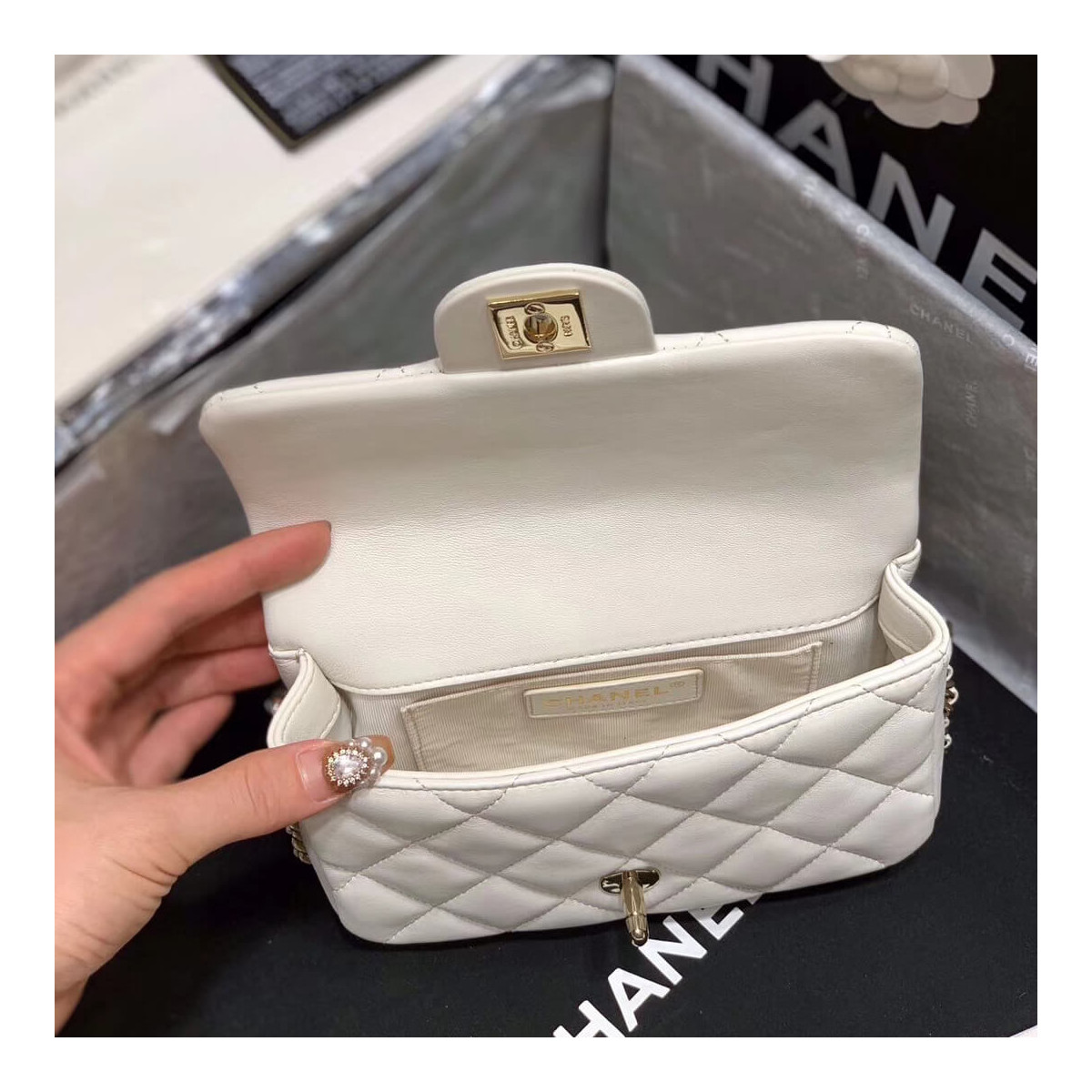 Chanel Small Pearl Logo Strap Flap Bag AS1436 White