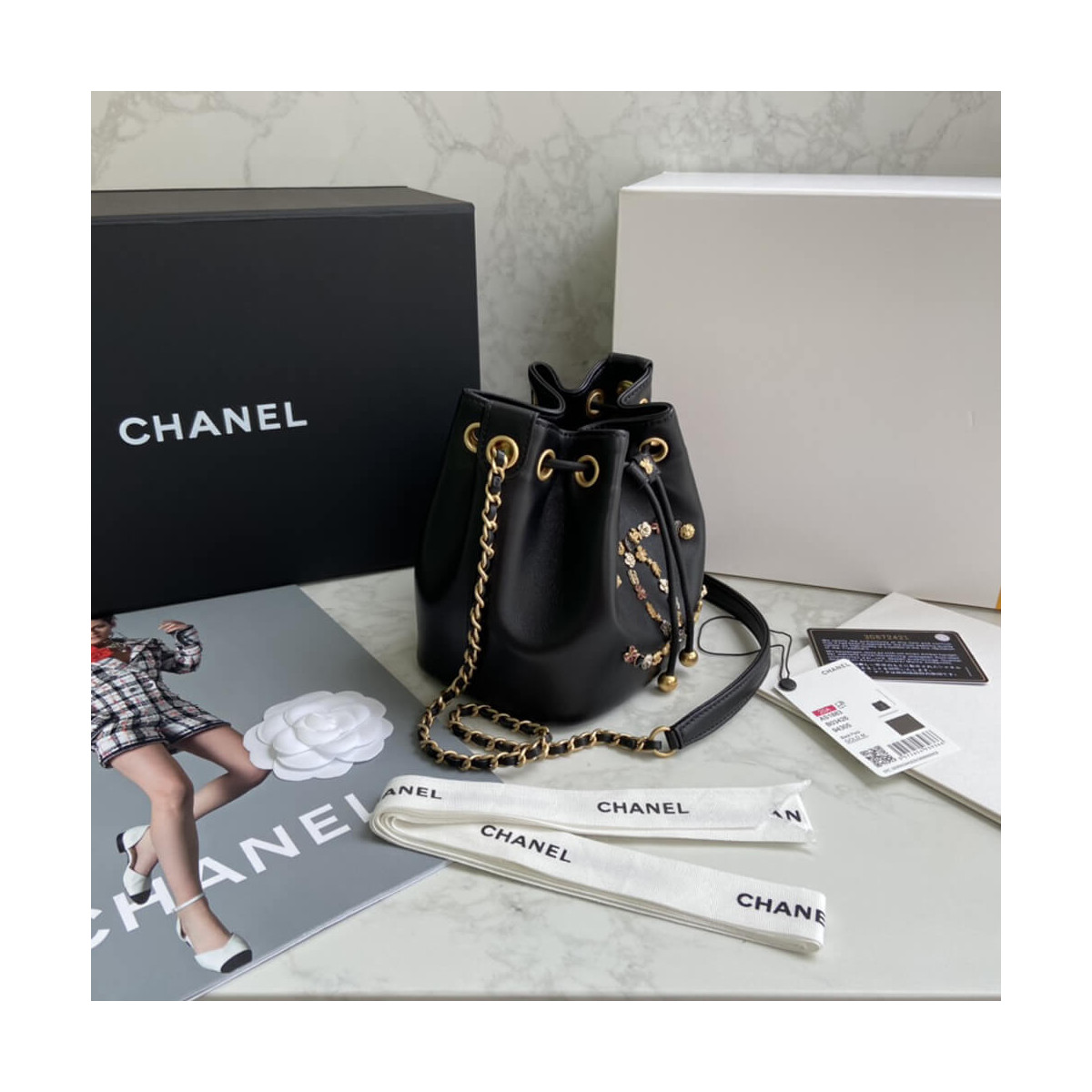 Chanel Studded CC Detail Drawstring Bucket Bag AS1883