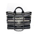 Chanel Deauville Black Grey Striped Tweed Canvas Tote A66941