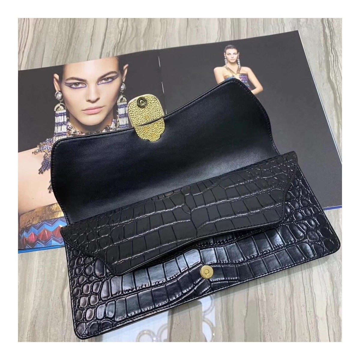 Chanel Metallic Crocodile Embossed Clutch AS0857