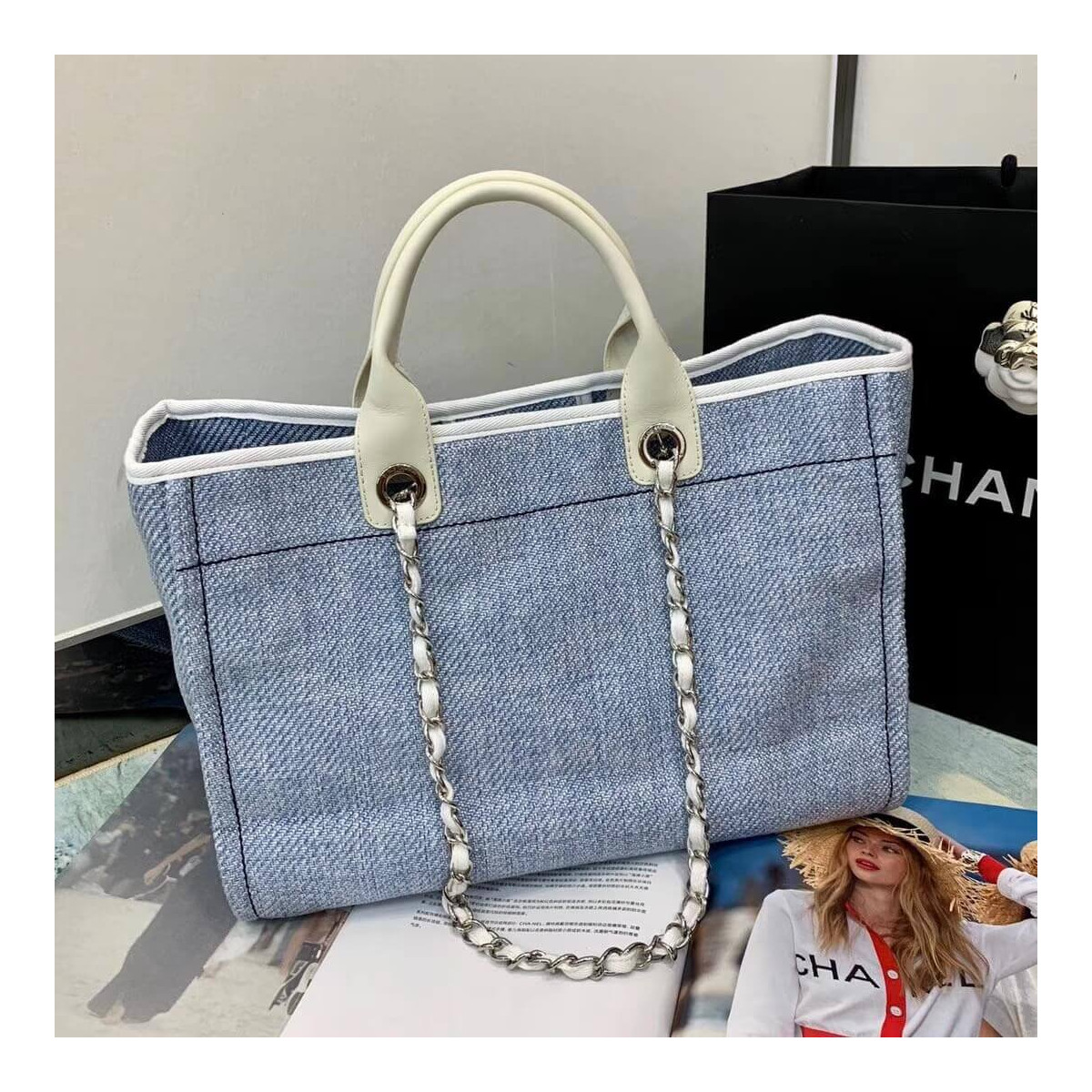 Chanel Deauville Tote 38cm Canvas Bag A66941 Light Blue